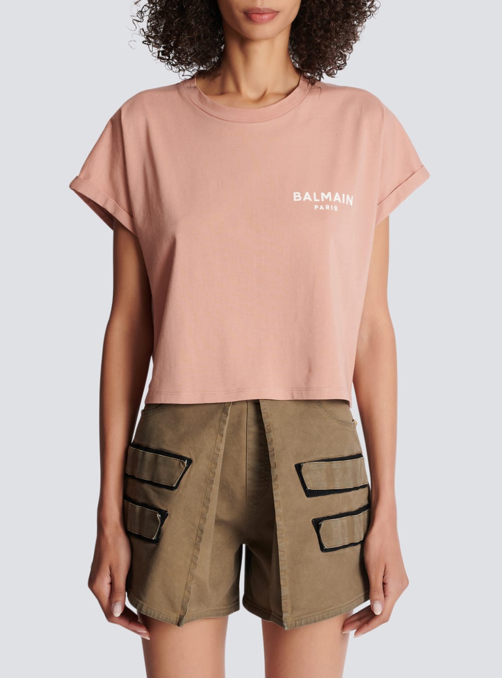 Women's Balmain Eco-responsible Cropped Cotton With Logo Print T Shirts Pink | USA qOuKiPF6