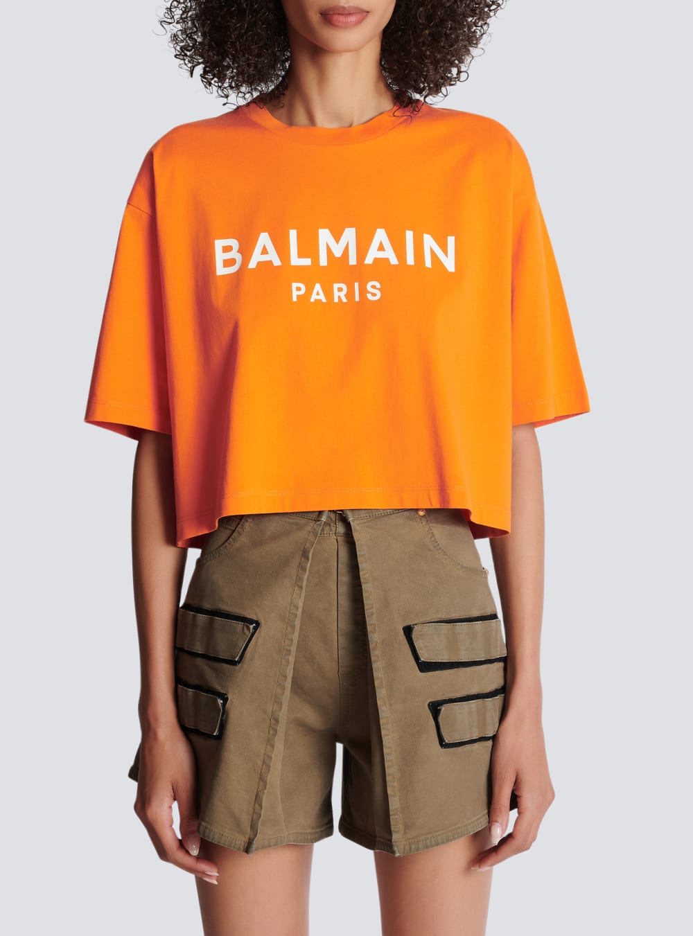 Women's Balmain Eco-responsible Cropped Cotton With Logo Print T Shirts Orange | USA zmuOMORA