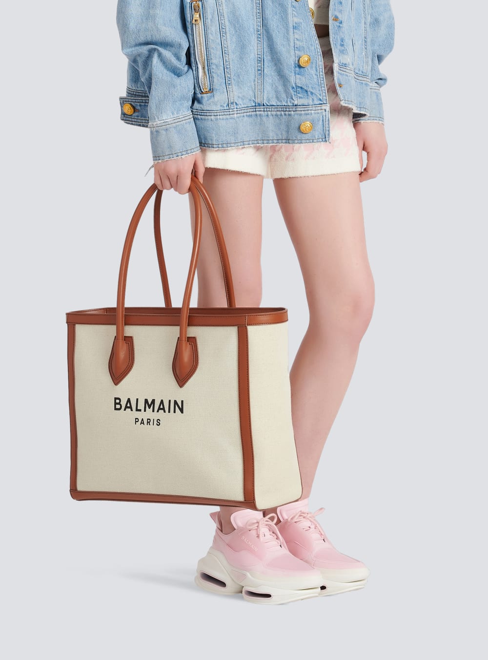 Women's Balmain Ecru Canvas B-Army 42 With Leather Panels Tote Bags Beige | USA wCvZ8QMZ