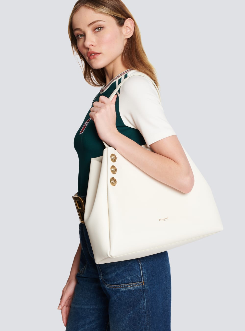 Women's Balmain Emblem Leather Tote Bags White | USA n7K58tEU