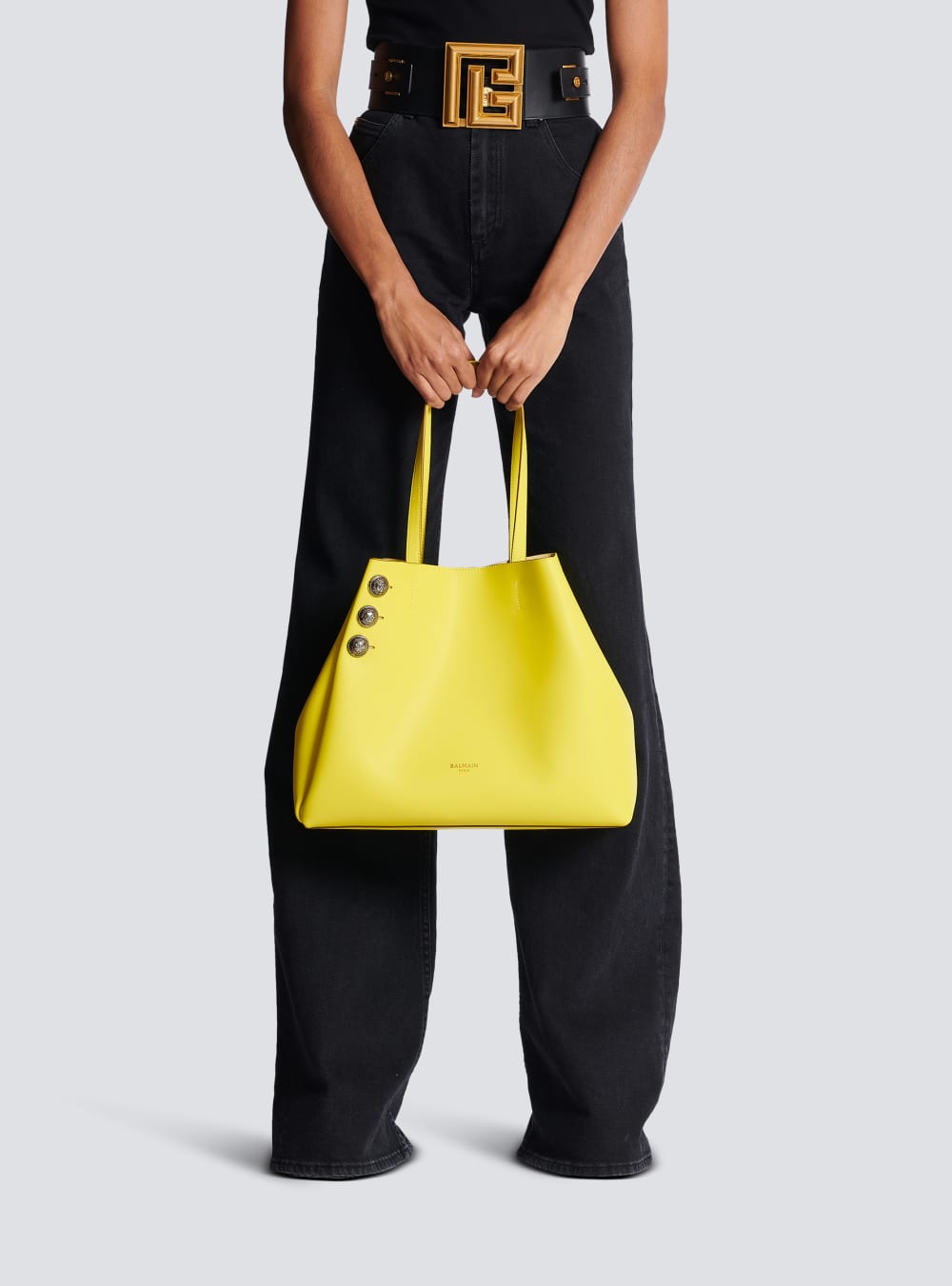 Women's Balmain Emblem Leather Tote Bags Yellow | USA srrtVRHG