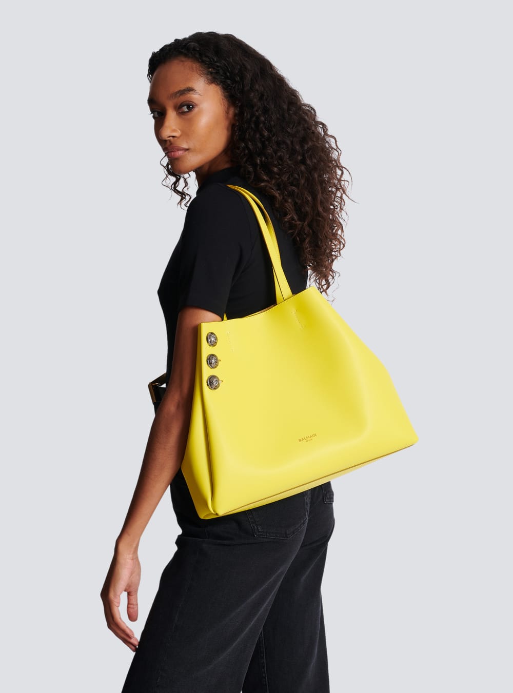 Women's Balmain Emblem Leather Tote Bags Yellow | USA srrtVRHG