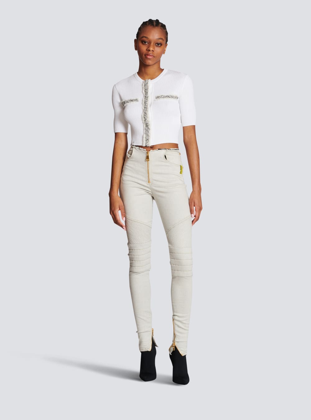 Women's Balmain Embroidered Cropped Knit Cardigan White | USA fLEAKJQs