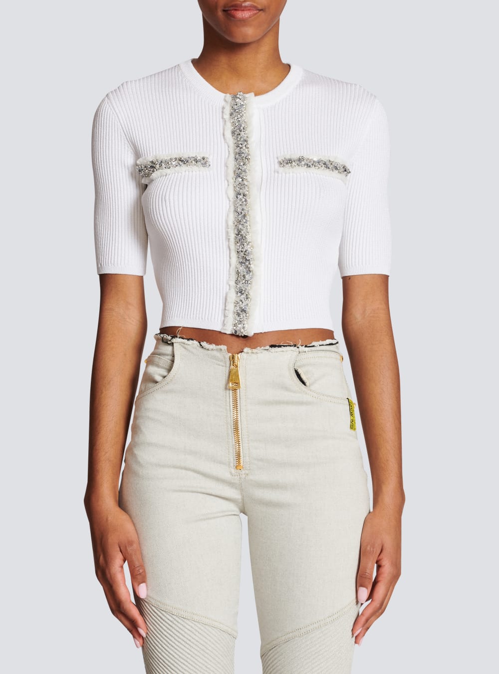 Women's Balmain Embroidered Cropped Knit Cardigan White | USA fLEAKJQs