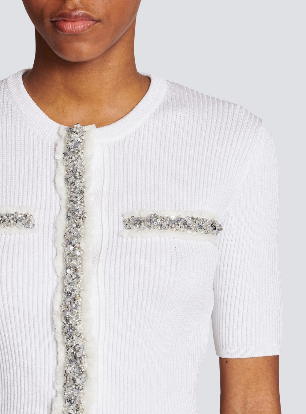 Women's Balmain Embroidered Cropped Knit Cardigan White | USA fLEAKJQs