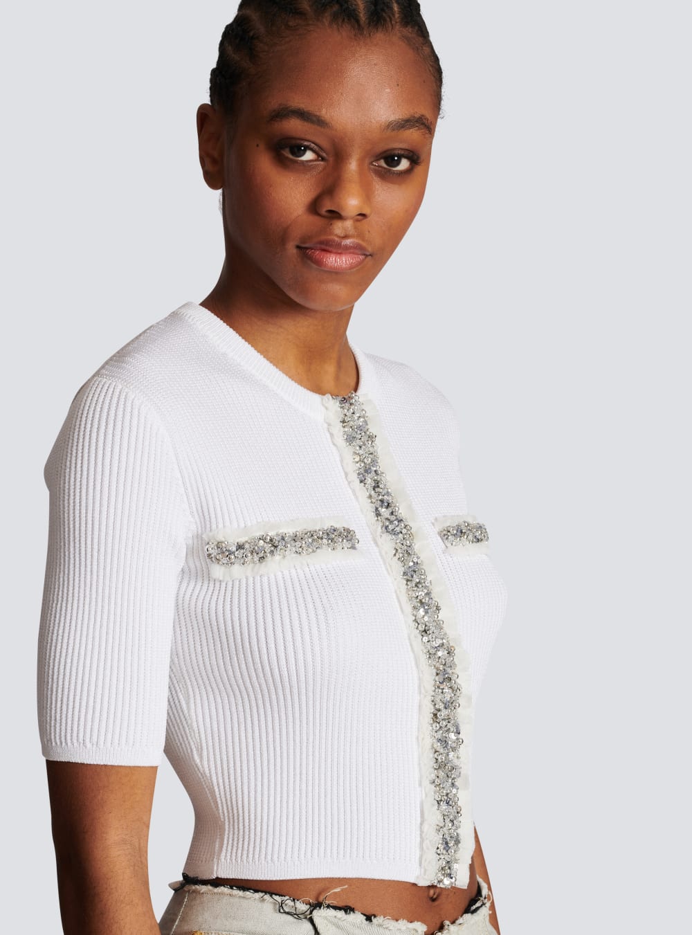 Women's Balmain Embroidered Cropped Knit Cardigan White | USA fLEAKJQs