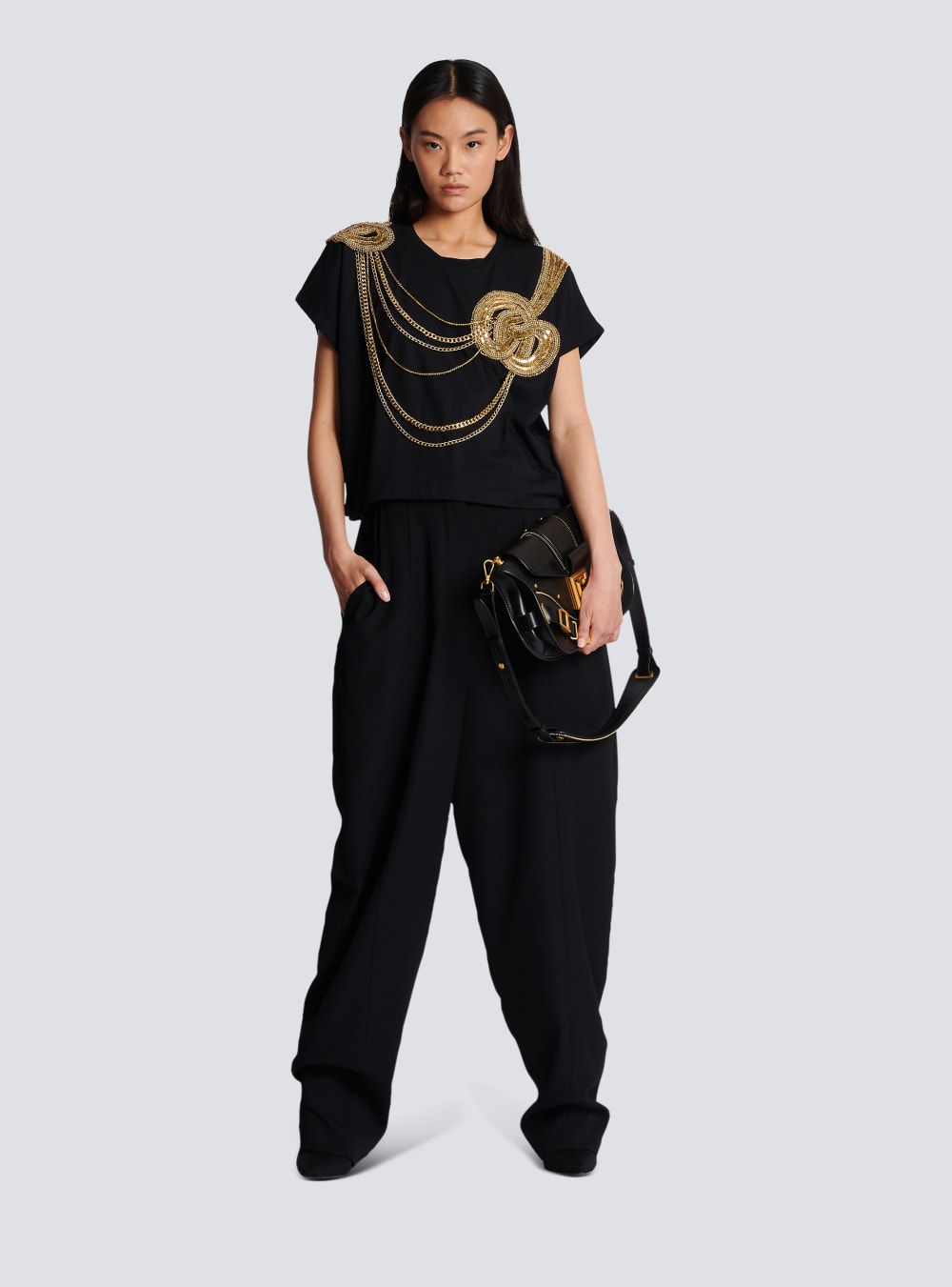 Women's Balmain Embroidered Cropped T Shirts Black | USA D64B7gCa