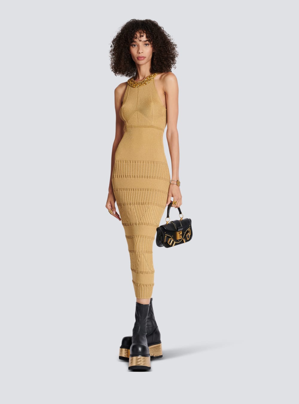 Women's Balmain Embroidered Knit Midi Dress Brown | USA uNgKx7aL