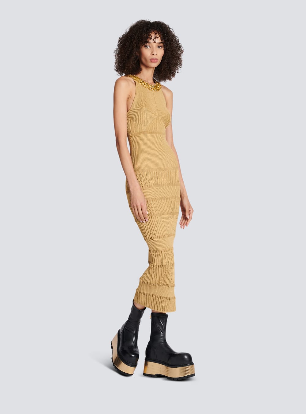 Women's Balmain Embroidered Knit Midi Dress Brown | USA uNgKx7aL