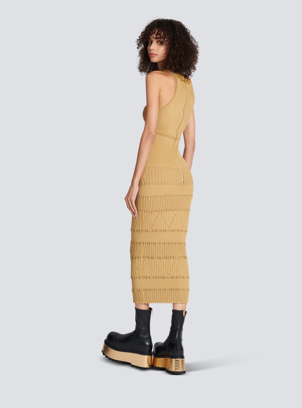 Women's Balmain Embroidered Knit Midi Dress Brown | USA uNgKx7aL