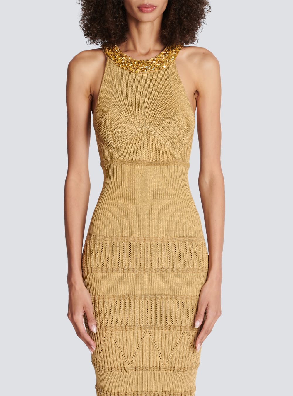 Women's Balmain Embroidered Knit Midi Dress Brown | USA uNgKx7aL