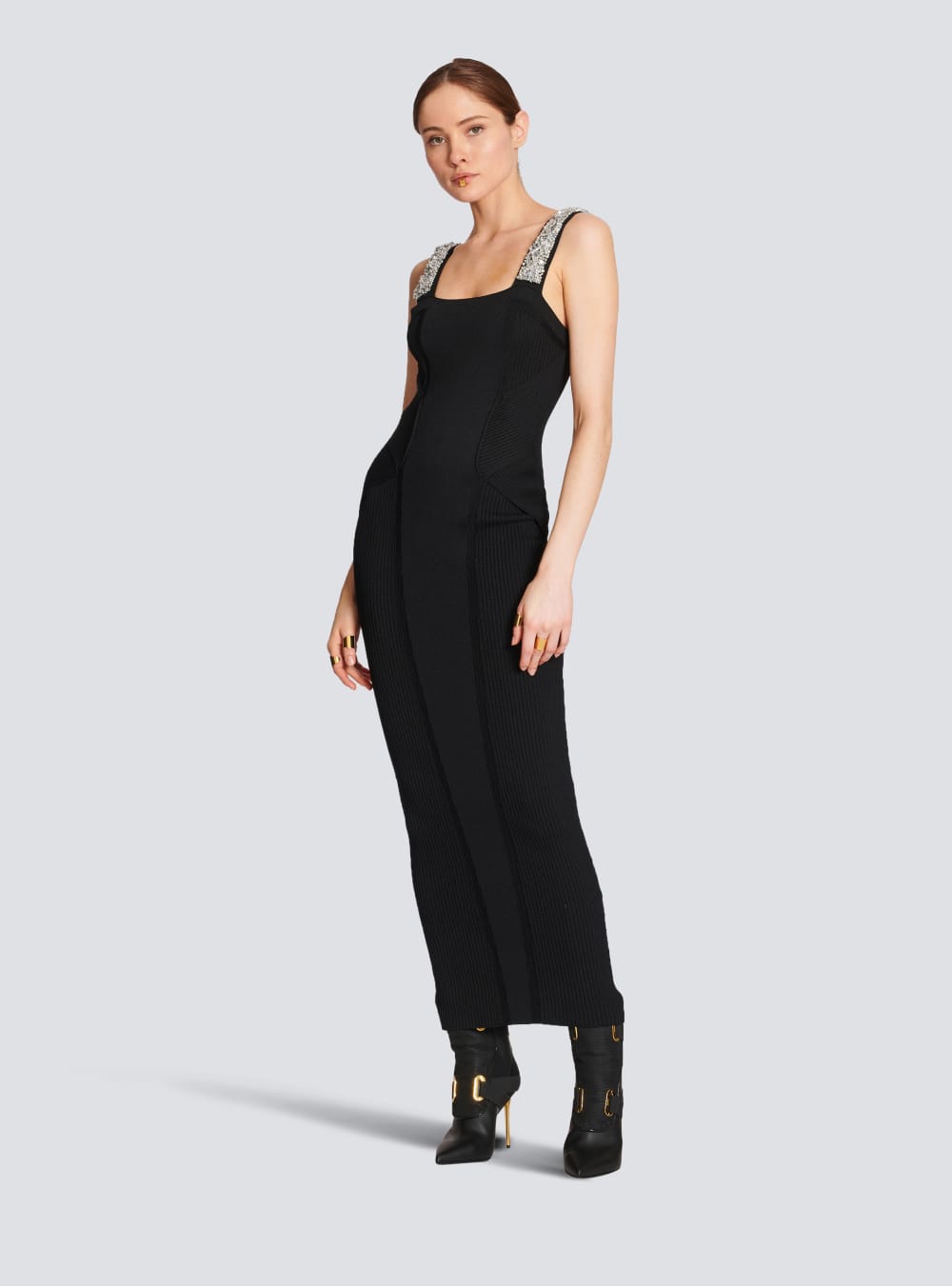 Women's Balmain Embroidered Long Knit Dress Black | USA pGnfxKBg