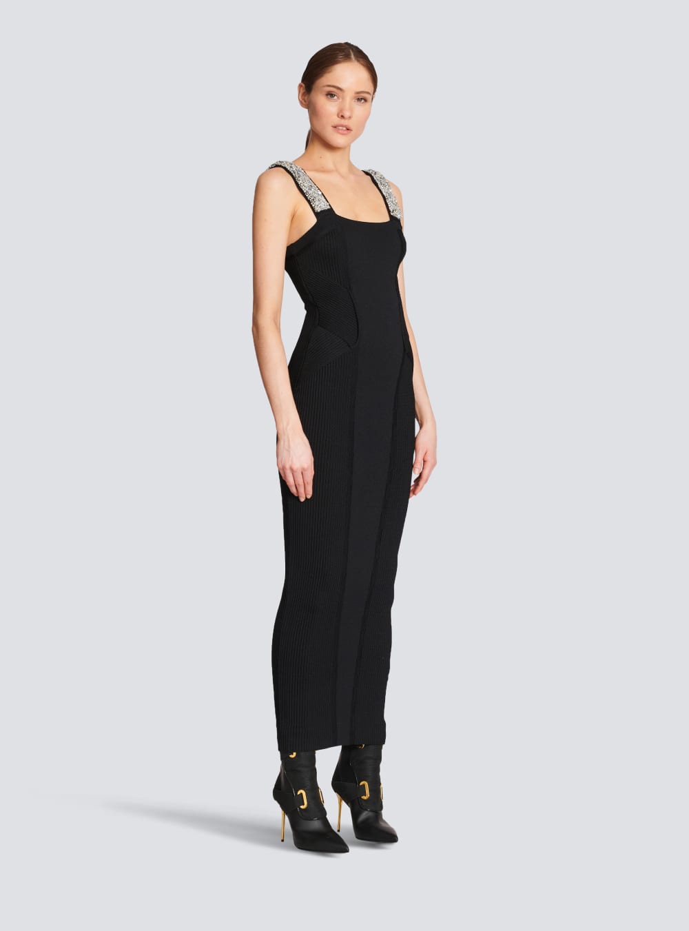 Women's Balmain Embroidered Long Knit Dress Black | USA pGnfxKBg