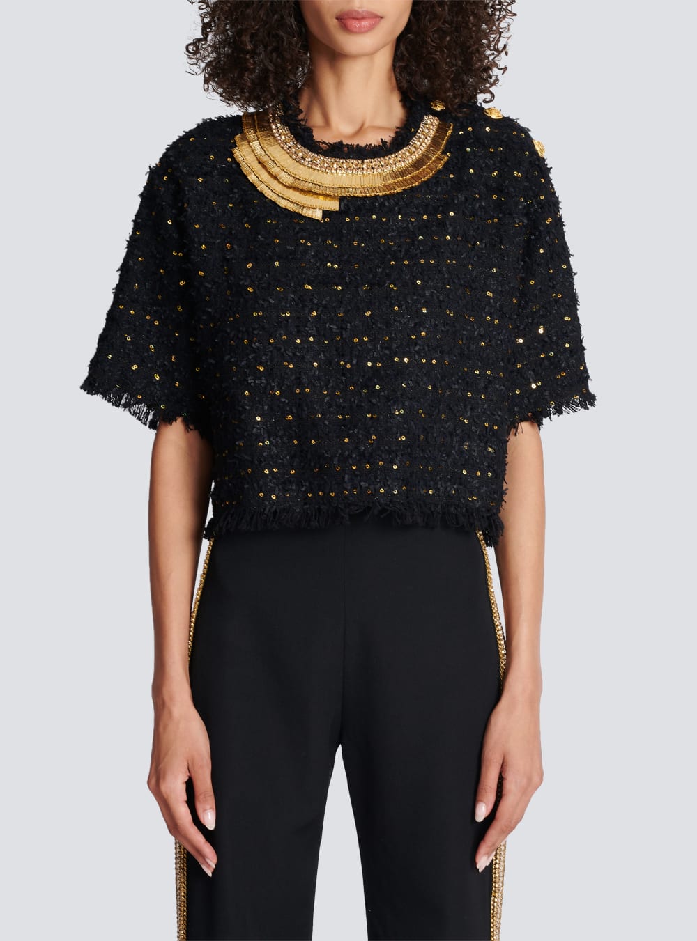 Women's Balmain Embroidered Tweed Crop Tops Black | USA d5cY2vYi