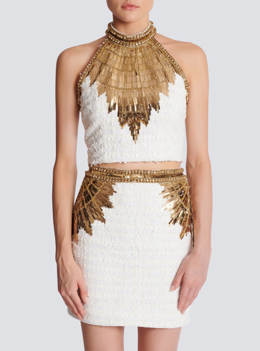 Women's Balmain Embroidered Tweed Crop Tops White | USA ek22ThEf