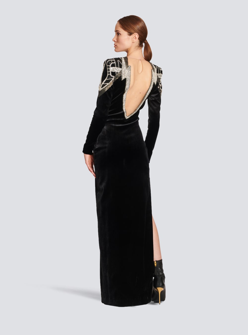 Women's Balmain Embroidered Velvet Dress Black | USA J3cMmu1e