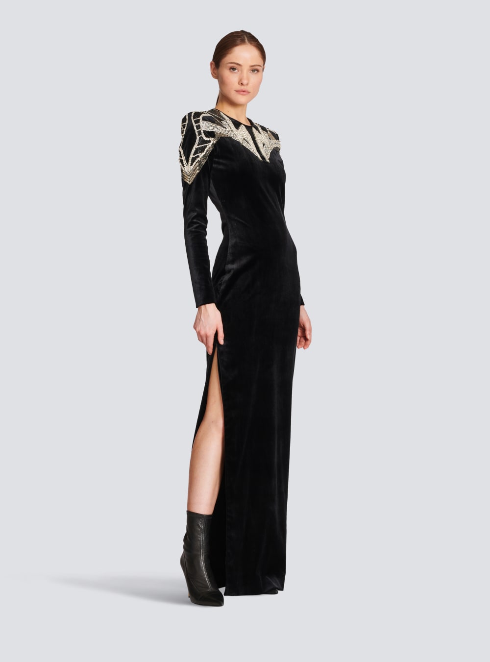 Women's Balmain Embroidered Velvet Dress Black | USA J3cMmu1e