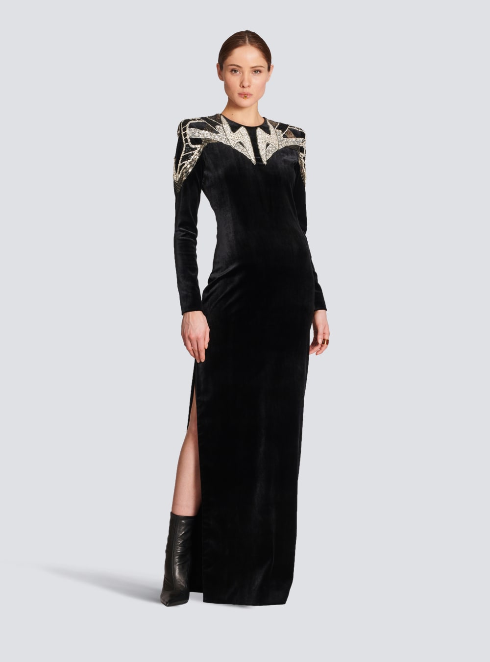 Women's Balmain Embroidered Velvet Dress Black | USA J3cMmu1e