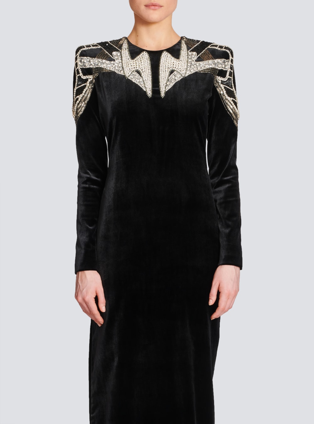 Women's Balmain Embroidered Velvet Dress Black | USA J3cMmu1e