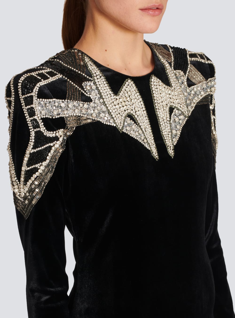 Women's Balmain Embroidered Velvet Dress Black | USA J3cMmu1e