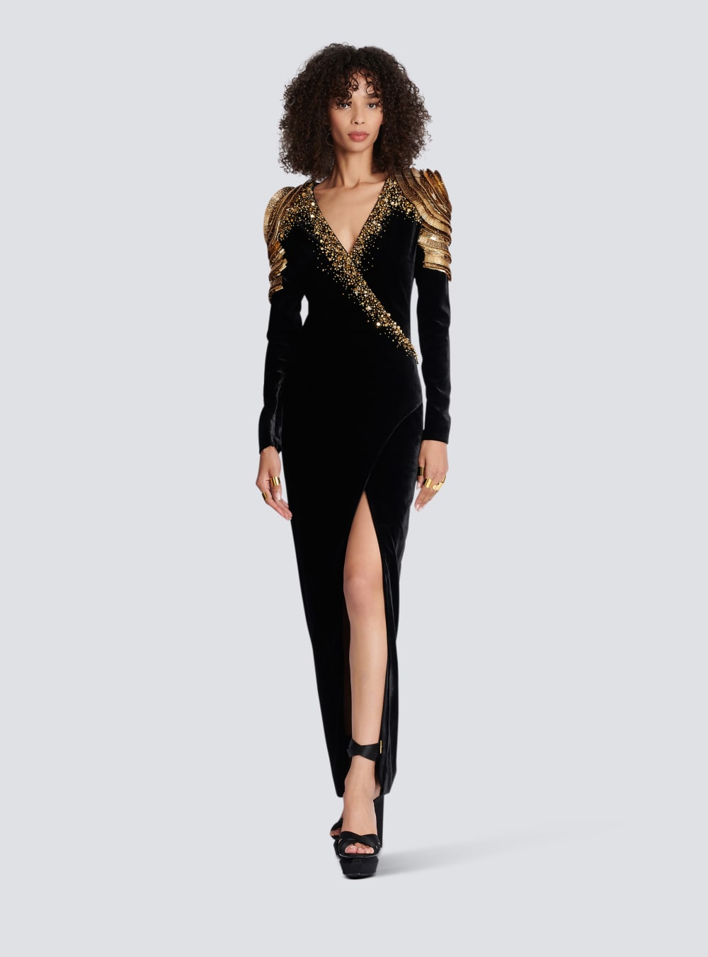 Women's Balmain Embroidered Velvet Long Dress Black | USA mWAKOrxw