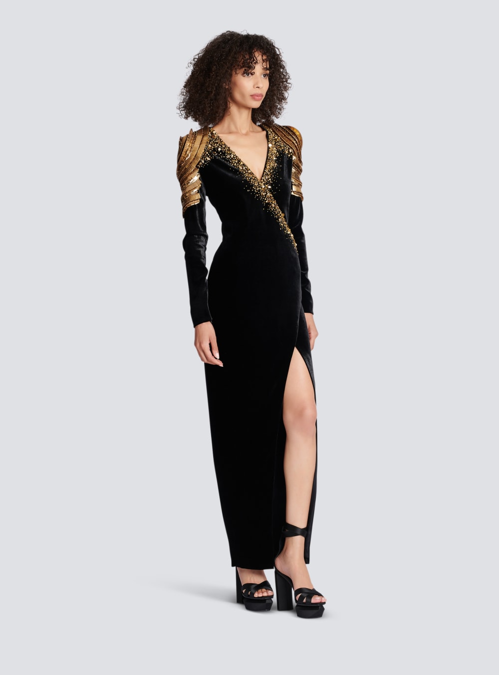 Women's Balmain Embroidered Velvet Long Dress Black | USA mWAKOrxw