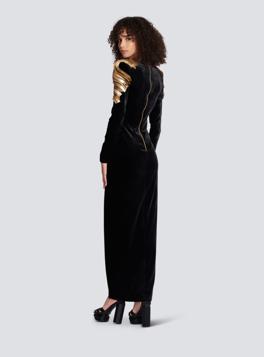 Women's Balmain Embroidered Velvet Long Dress Black | USA mWAKOrxw