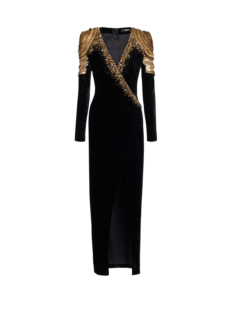 Women\'s Balmain Embroidered Velvet Long Dress Black | USA mWAKOrxw