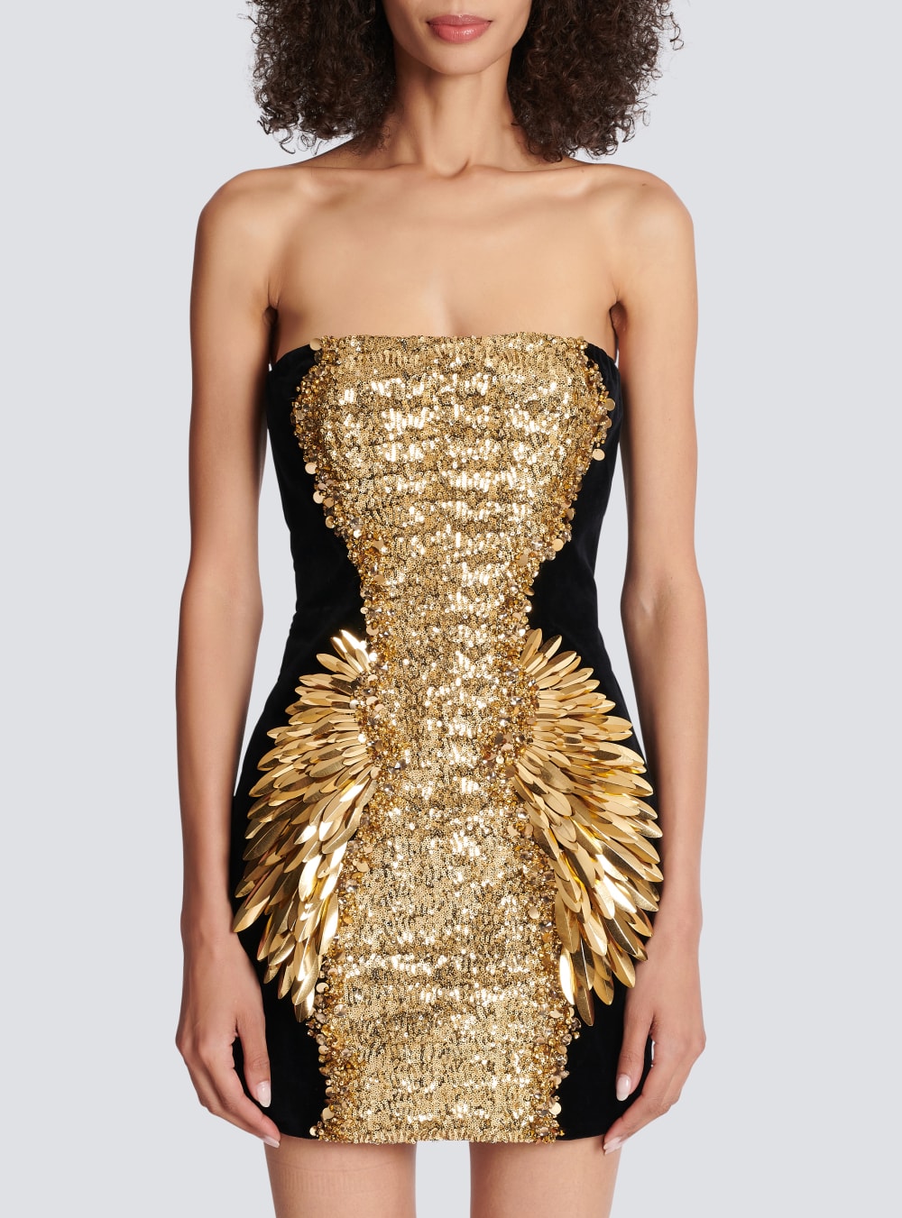 Women's Balmain Embroidered Velvet Strapless Dress Gold | USA Oz4fvPOD