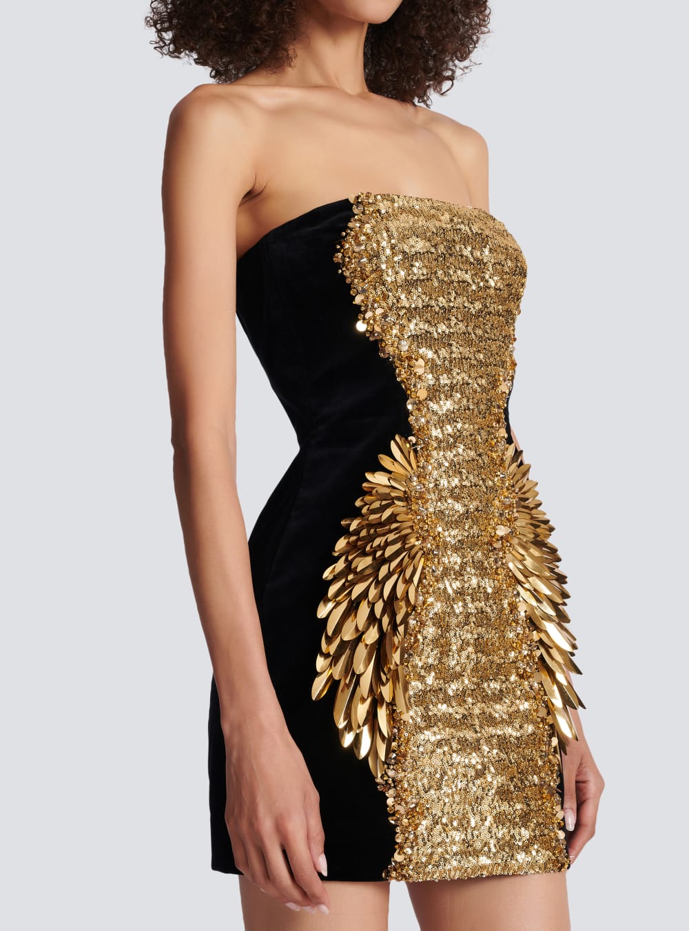 Women's Balmain Embroidered Velvet Strapless Dress Gold | USA Oz4fvPOD