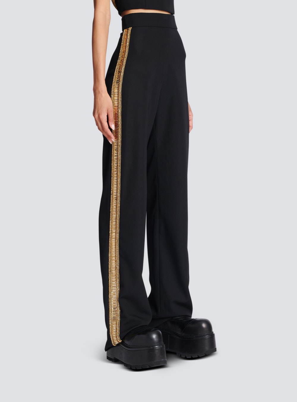 Women's Balmain Embroidered Wool Tuxedo Trousers Black | USA yeb1oQoQ