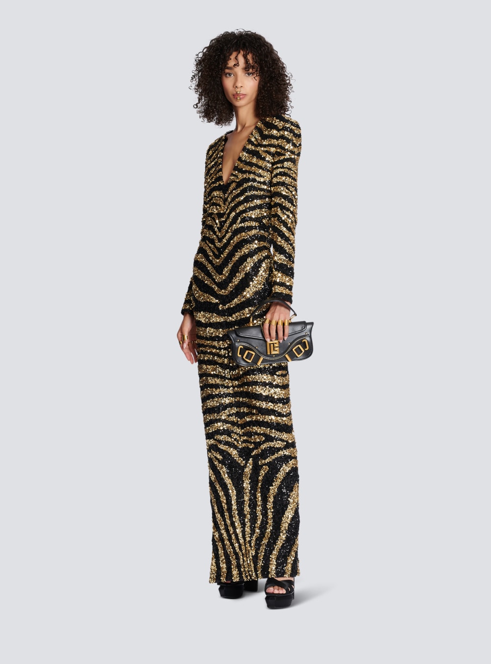 Women's Balmain Embroidered Zebra Long Dress Gold | USA 3vAbdqAM