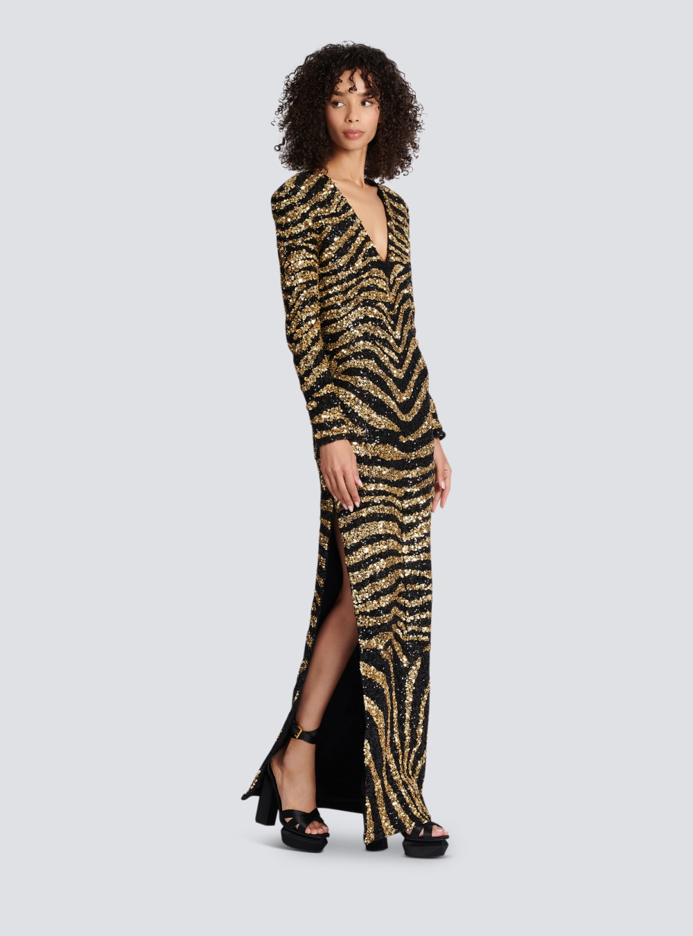 Women's Balmain Embroidered Zebra Long Dress Gold | USA 3vAbdqAM