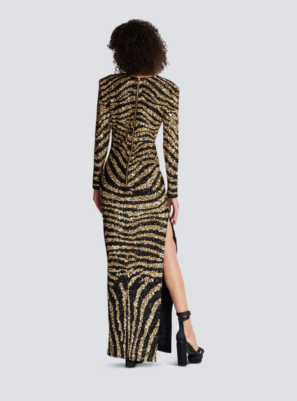 Women's Balmain Embroidered Zebra Long Dress Gold | USA 3vAbdqAM