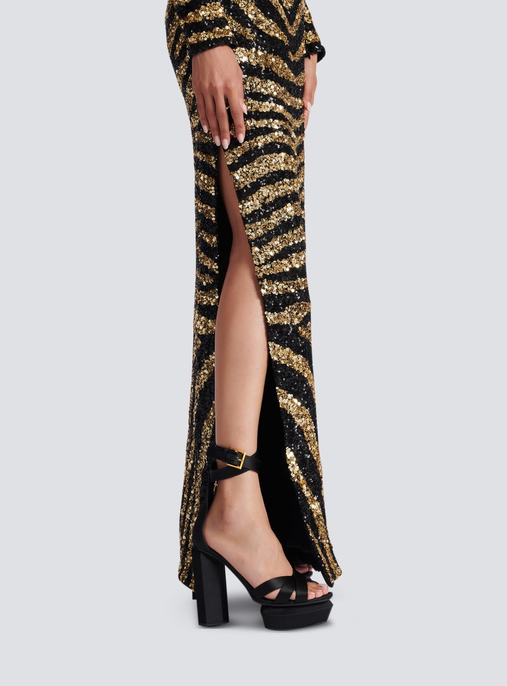 Women's Balmain Embroidered Zebra Long Dress Gold | USA 3vAbdqAM