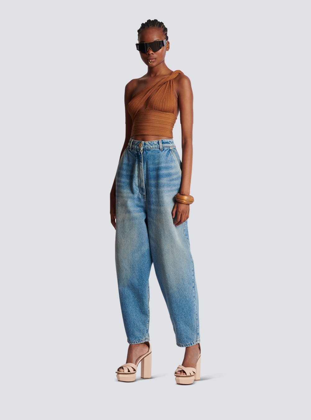 Women's Balmain Faded Baggy Denim Jeans Blue | USA XhX2Emqj