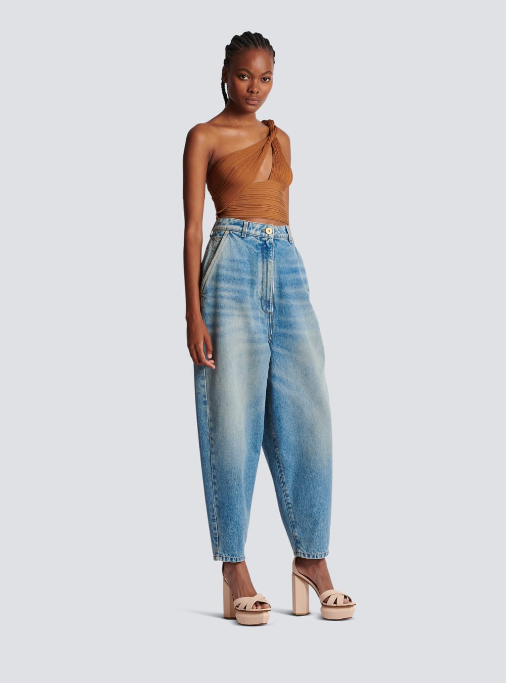 Women's Balmain Faded Baggy Denim Jeans Blue | USA XhX2Emqj