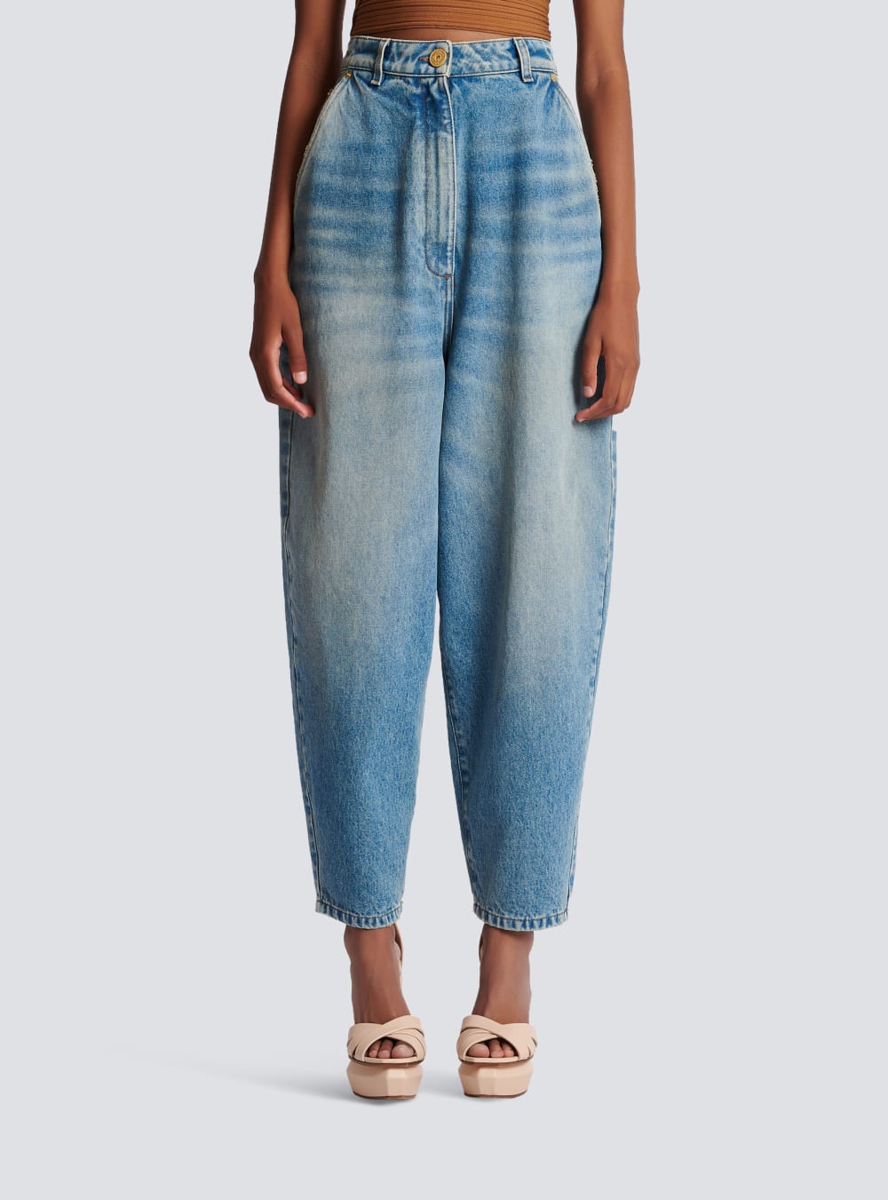 Women's Balmain Faded Baggy Denim Jeans Blue | USA XhX2Emqj