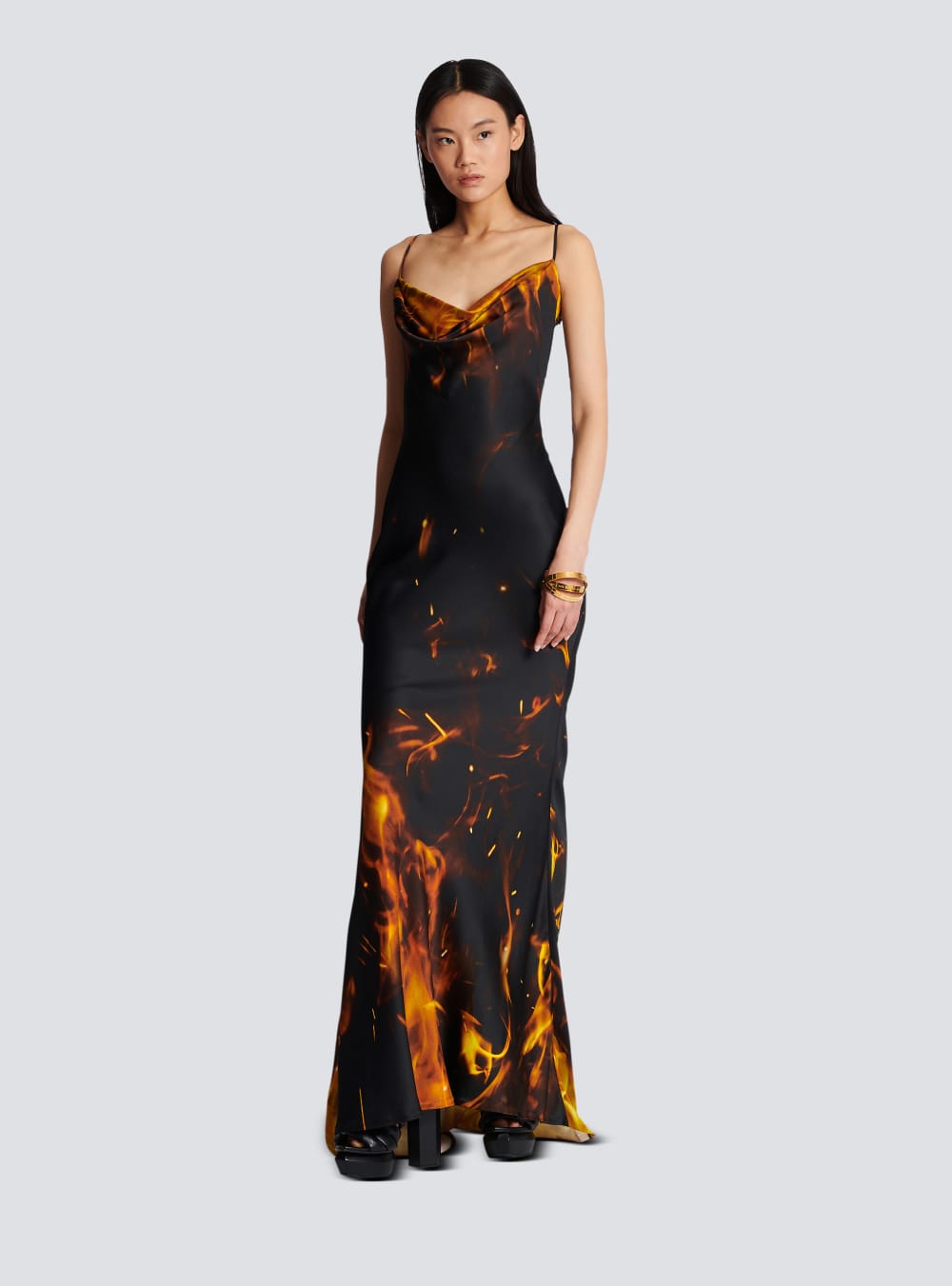 Women's Balmain Fire Printed Satin Maxi Dress Orange | USA onbeqPOs