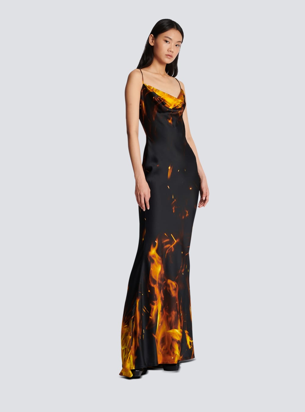 Women's Balmain Fire Printed Satin Maxi Dress Orange | USA onbeqPOs