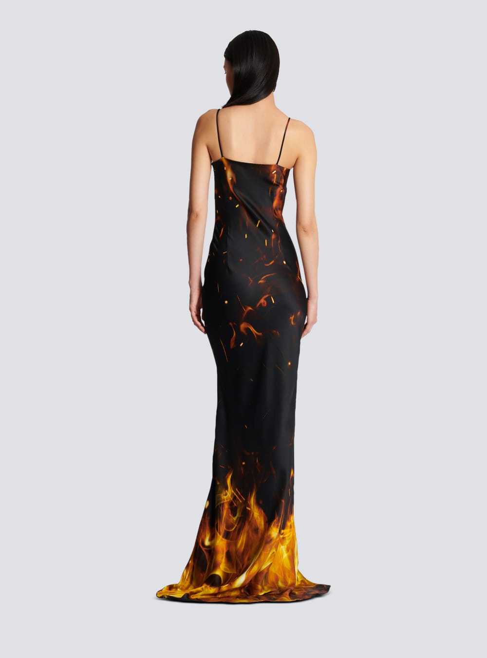 Women's Balmain Fire Printed Satin Maxi Dress Orange | USA onbeqPOs