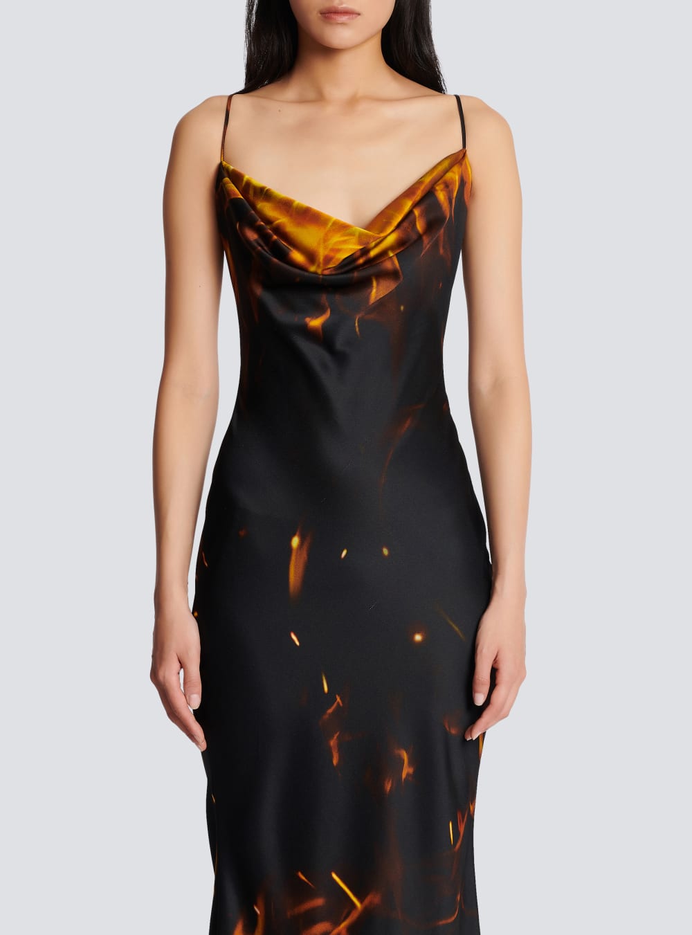 Women's Balmain Fire Printed Satin Maxi Dress Orange | USA onbeqPOs