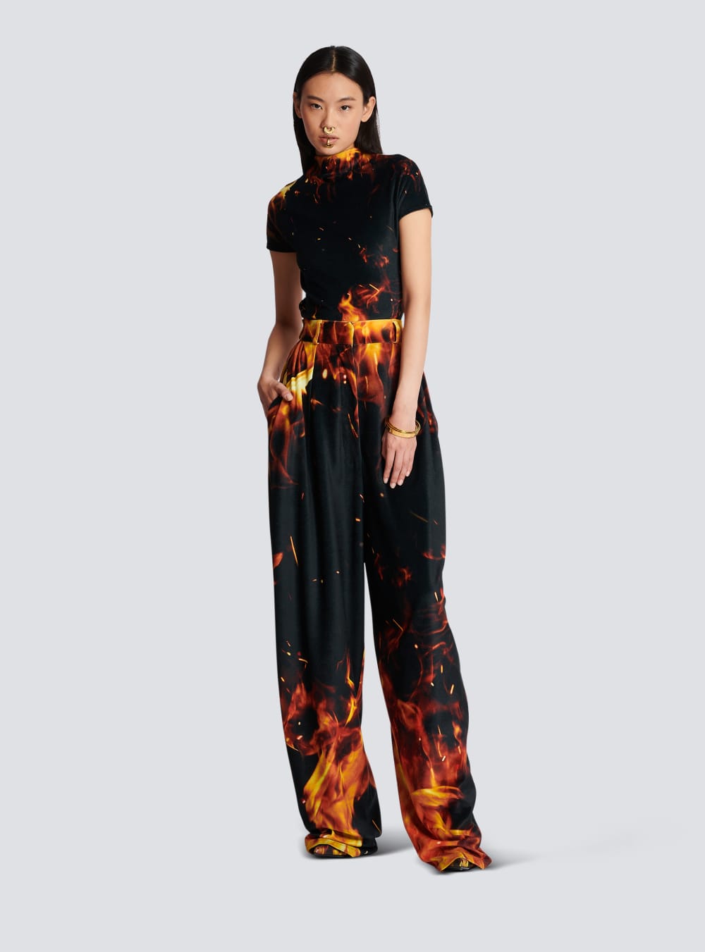 Women's Balmain Fire Printed Velvet Jersey Tops Orange | USA oOmbfaWd