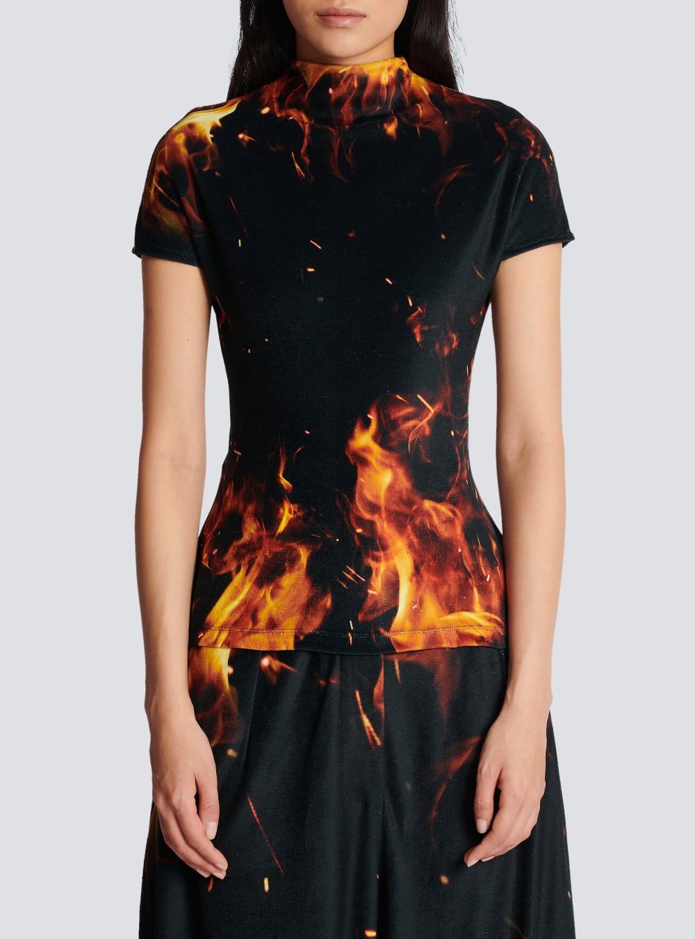 Women's Balmain Fire Printed Velvet Jersey Tops Orange | USA oOmbfaWd