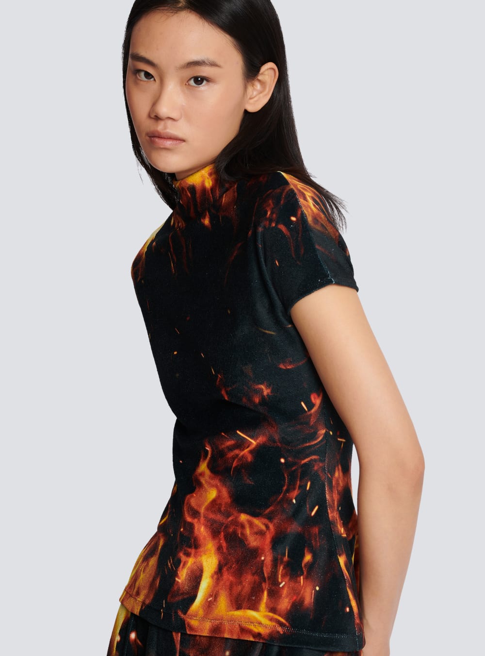 Women's Balmain Fire Printed Velvet Jersey Tops Orange | USA oOmbfaWd