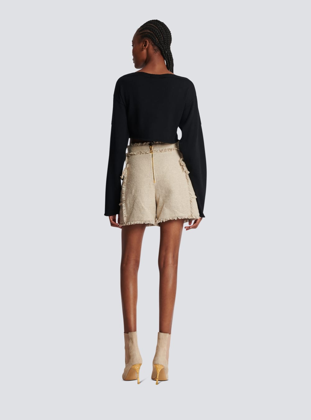 Women's Balmain Fringed Linen Sailor Shorts Beige | USA V87aJbGz