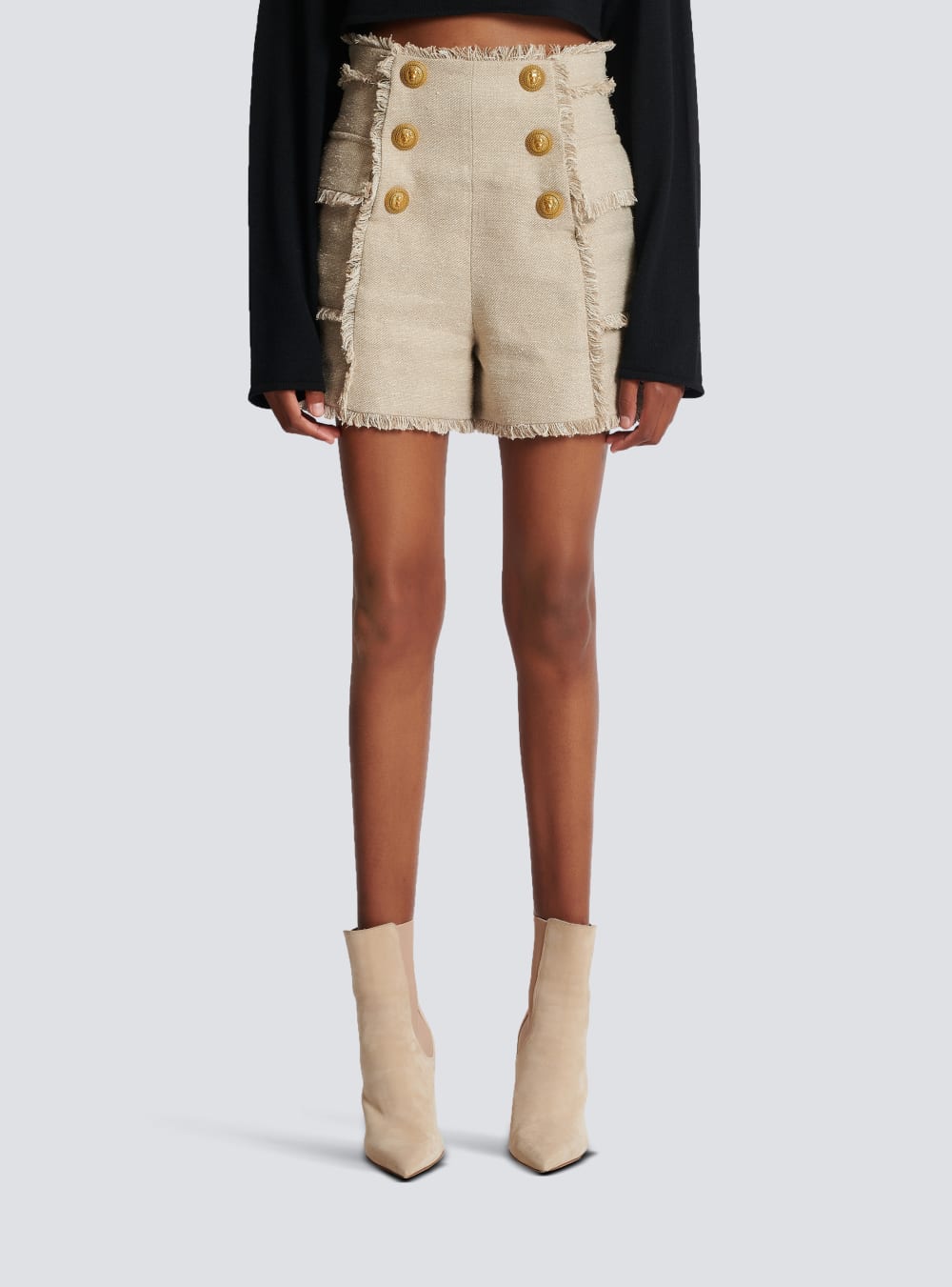 Women's Balmain Fringed Linen Sailor Shorts Beige | USA V87aJbGz