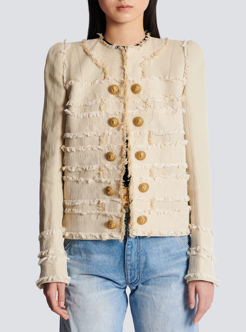 Women's Balmain Fringed Tweed Jackets Beige | USA UvZC989G