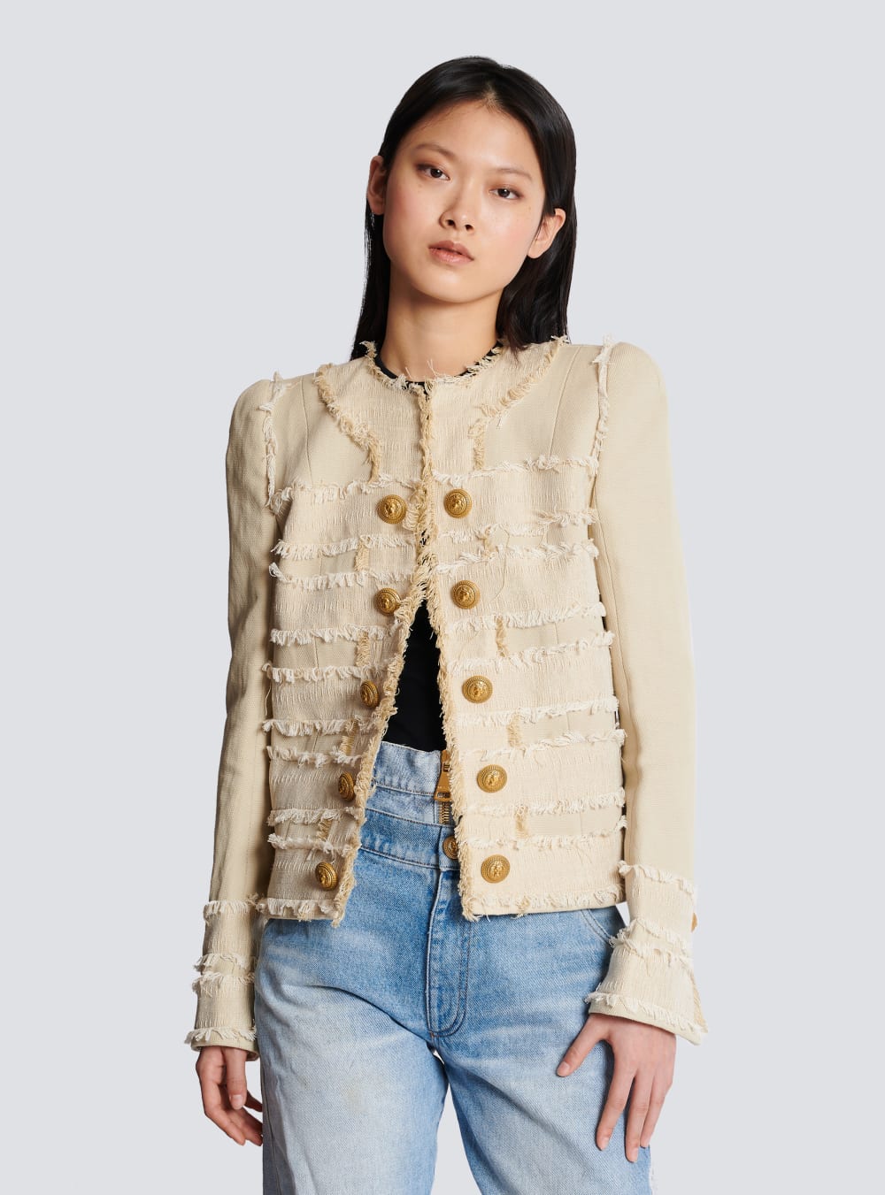 Women's Balmain Fringed Tweed Jackets Beige | USA UvZC989G