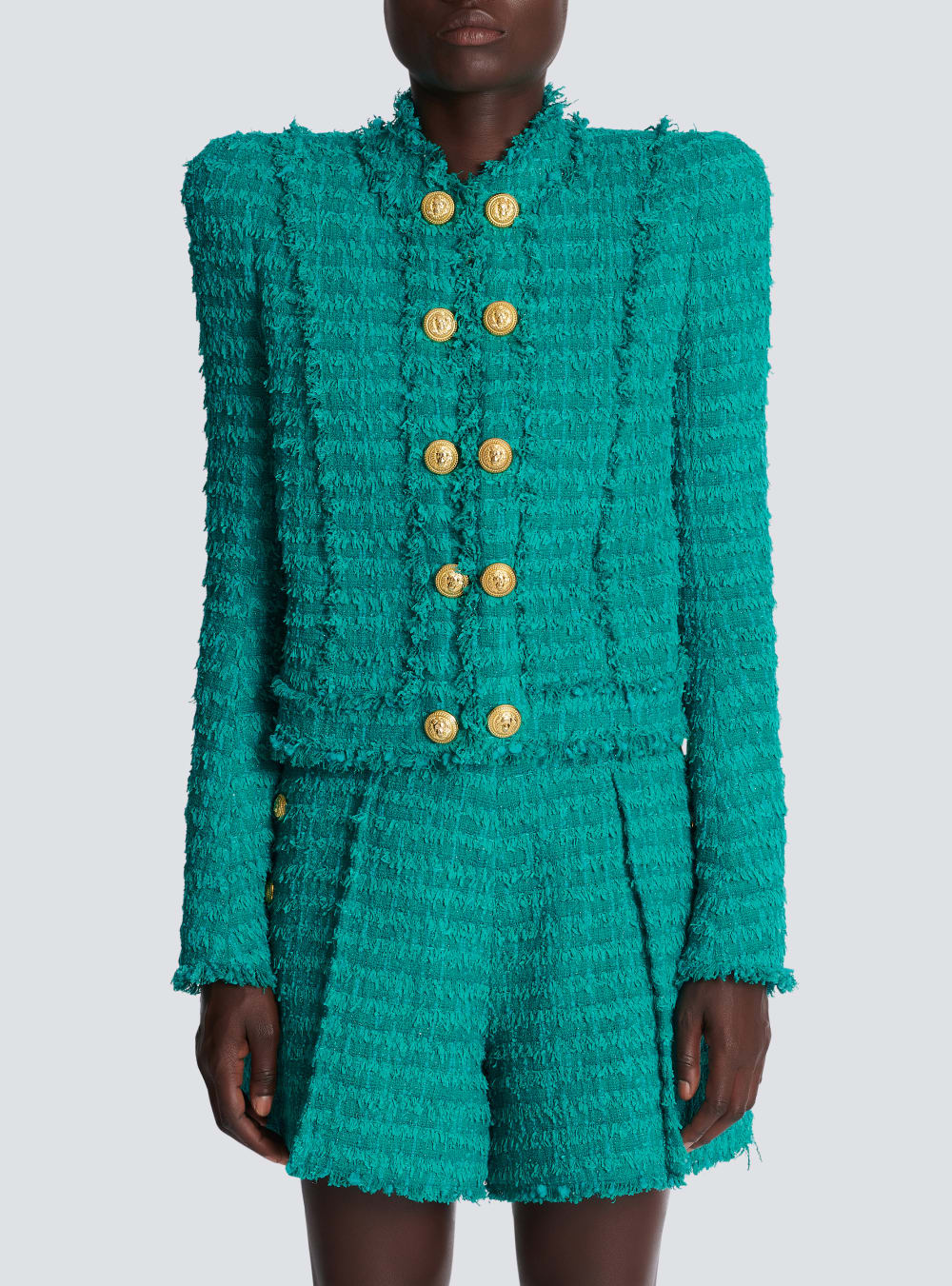 Women's Balmain Fringed Tweed Jackets Blue | USA 11XePhIm